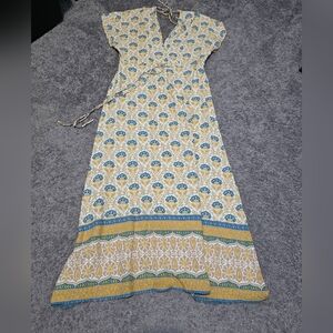 Elegant Floral Wrap Dress in Blue and Yellow